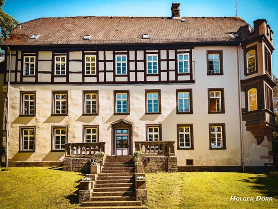 Vorderansicht des Schlosses Großen-Buseck mit symmetrischer Fachwerkfassade, breiter Freitreppe und gepflegtem Rasen im Sonnenlicht – ein stiller Blick auf gelebte Geschichte.