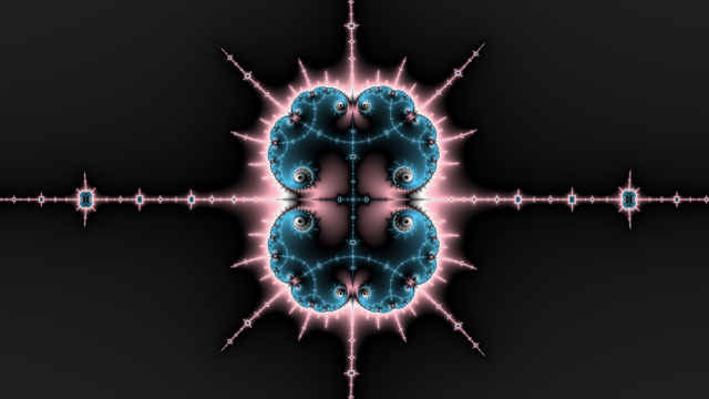 Some parts of the Mandelbrot set look like embedded Julia sets and this is one of them. Almost symmetrical, elliptic. Horizontal and vertical antennas. Trans color scheme.
