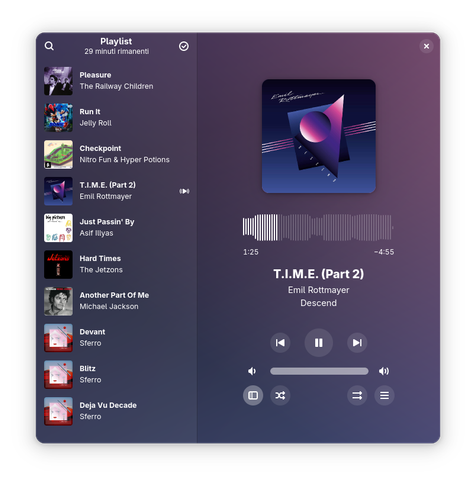 Screenshot of Amberol with the song "T.I.M.E. (Part 2)" by Emil Rottmayer playing, with other songs in playlist:
- Pleasure by The Railway Children
- Run It by Jelly Roll
- Checkpoint by Nitro Fun
- Just Passin' By by Asif Illyas
- Hard Times by The Jetzons
- Another Part Of Me by Michael Jackson
- Devant, Blitz and Deja Vu Decade by Sferro