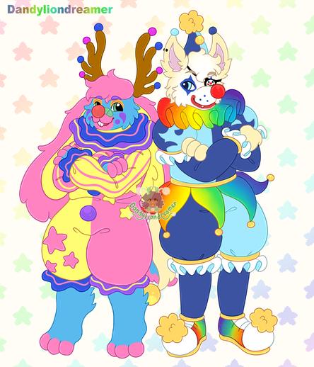 two clown fursonas standing shoulder to shoulder with each other, theyre both dressed as silly clowns and are crossing their arms

the left is a jackelope fursona, with brown antlers with pink and blue pompoms on them, pink hair, pink ears with yellow inner ears, blue face with orange purple and pink face make up and a teal bandade on the nose and a red clown nose

the jackelope is wearing a half pink half yellow starry clown outfit, with blue and purple sleeve rufles at the ends, there are blue and purple pom poms on it

the right fursona is a golden retriever with yellow gold fur, pink inner ears with black piercings and blue pompoms at the tips, blue and red face makeup, a red clown nose, a clown eye patch

they are wearing a half dark blue and light blue hat with gold fluff and poms on it, their neck ruffle is a rainbow, their outfit is  a theatre themed half blue half dark blue color with a rainbow frilly waistband, and white frills at the ends of the sleeves and legs, the shoes are also rainbow and white, with gold ends and fluff