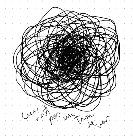 Spirograph-looking scribble with "Ceci n'est pas un trou de ver" handwritten on the bottom.