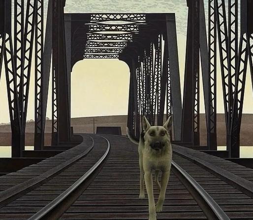 Painting by Alex Colville featuring a dog crossing over a girder bridge. The dog is coming towards the viewer, walking on some train tracks.