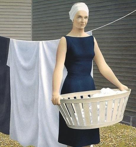 Painting by Alex Colville of a woman outside holding a laundry basket. There is a clothesline with clothes behind her.
