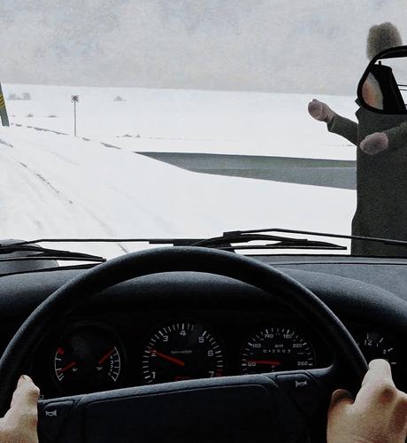 Painting by Alex Colville from inside a car, a person's hands on a steering wheel, and someone outside the car, in the snow