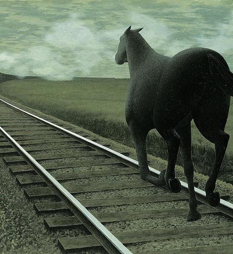 Painting by Alex Colville of a horse running away from the viewer down some train tracks that stretch through a desolate plain