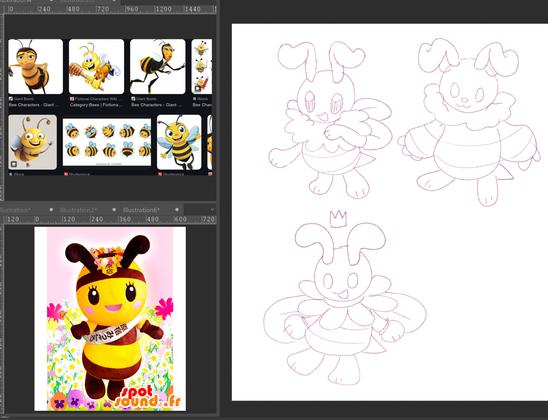 3 sketch of bee concepts with screen shots of bee mascots on the left as a ref