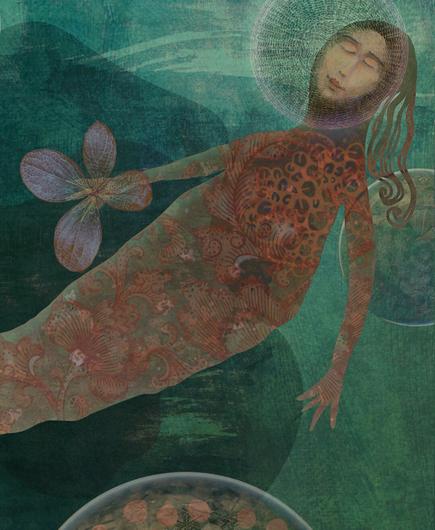 The Gentle Mermaid
Background of mostly green/teal washes of color. In the foreground, a rusty-orange colored mermaid gently floats by. Her body is decorated with swirling patterns. Eyes closed, with the touch of a smile, she dreams of peace. Around her, muted multi-colored bubbles surround her, filled with softly geometric circles and shapes. In one hand, she holds a four petaled flower.