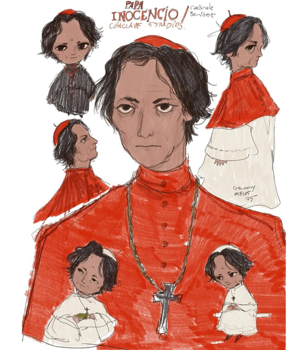 Estudio de personaje. Diversos dibujos del personaje de Cónclave (2024) Cardenal Vincent Benítez. Un dibujo central de busto, un pequeño dibujo de perfil y 4 chibis.