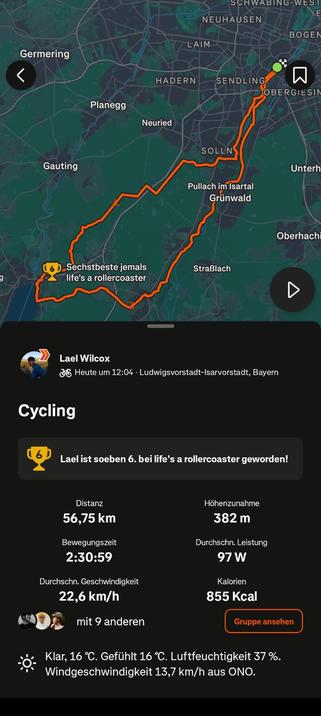 Ein Screenshot der Strava-App, die eine Aktivität von Lael Wilcox heute in München zeigt.