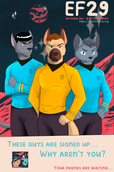 We can see some oddly familiar furries, wearing blue and yellow shirts. 
The Text on the image is as follows: EF 29, September 3rd - 6th CCH Hamburg, https:eurofurence.org , "These Guys are signed up... why aren't you?
Your friends are waiting"
Art by @Tel_McGrew