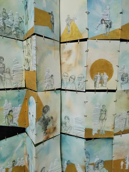 A serie of drawings putting together with embroidery. They show domestic and selfies scenes of a family.