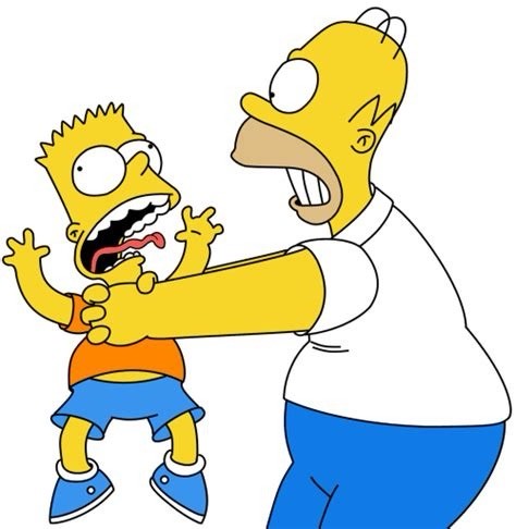 Une scène de dessin animé mettant en scène un Homer Simpson frustré tenant son fils Bart Simpson, qui semble effrayé et crie. Les deux personnages ont des expressions faciales exagérées et sont représentés dans des couleurs audacieuses et lumineuses typiques des styles animés.