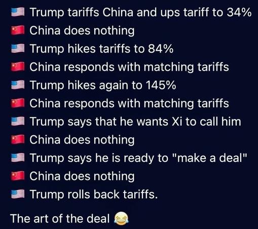 Das Bild zeigt eine Liste von Ereignissen mit den Flaggen der Vereinigten Staaten und China, die die Handelsbeziehungen zwischen den beiden Ländern während der Amtszeit von Donald Trump darstellen. Die Liste beginnt mit "Trump tariffs China and ups tariff to 34%" und endet mit "Trump rolls back tariffs." Zwischen diesen beiden Punkten werden verschiedene Maßnahmen und Reaktionen beschrieben, wie z.B. "China does nothing," "Trump hikes tariffs to 84%," "China responds with matching tariffs," und "Trump says he is ready to 'make a deal'." Am Ende der Liste steht "The art of the deal 😂." Die Liste humorvoll kommentiert die Handelspolitik und die diplomatischen Beziehungen zwischen den USA und China.