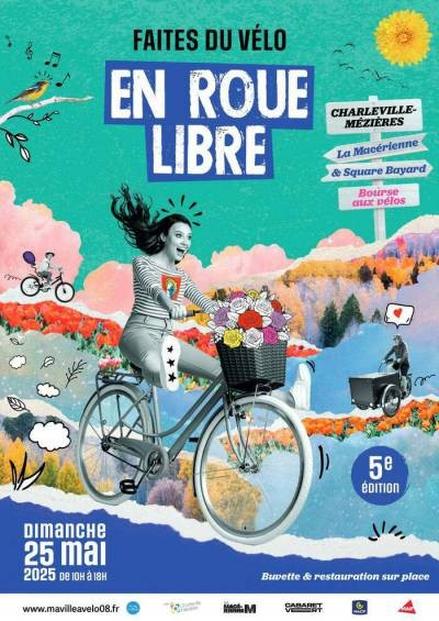 Une affiche avec dessins et une photo retravaillée d'une jeune femme les pieds levés sur un vélo, en roue libre. Cette affiche pour annoncer la fête du vélo a Charleville Mezieres le 25 mai 2025.