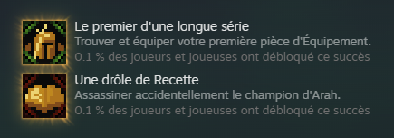Les achievements de base du jeu Slormancer, avec 0.1% de completion.
