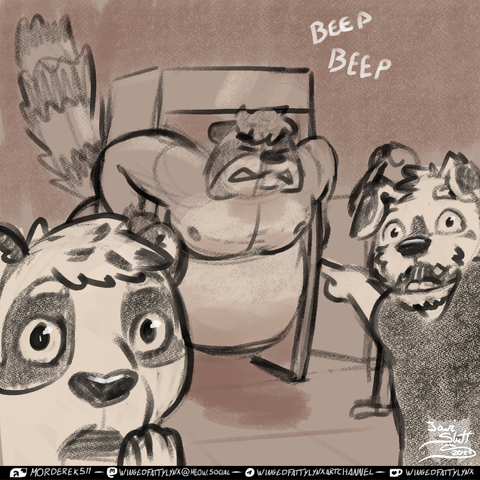 Doodle depicting Tenor, a fat raccoon, Pax, a panda and Cyrus, a mutt, all anthropomorphic. Cyrus and Pax appear doing the pointing meme while Tenor is stuck in one of those metal detector doors in an airport