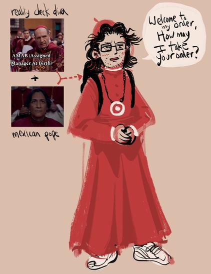 A digital doodle of a target manager in a cardinal dress, it is a red robe and instead of the cross it is the target logo.  Next to him are my references, Lawrence and Vincent Benitez from Conclave.  My target manager has hair like Vincent. And is also of Mexican descent. And is Catholic.