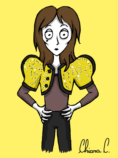 A drawing representing Lucio Corsi, italian singer, as one of Tim Burton's cartoon characters. He is very skinny (like the real Lucio), has long brown hair, and is wearing a dark shirt and trousers, and a shiny yellow bolero with big, puffed sleeves