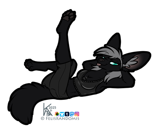Digital art of a fennec fox character. She's laying on her back, arms behind her head, looking a little smug, and legs pointed in the air.