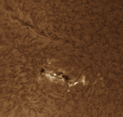 A colorized image of the Sun's active regions AR 1936 and AR 1934  in H-Alpha light.
