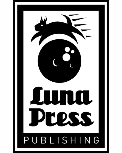Luna Press Logo. Black cat jumping over a black moon with a white background. Text states: Luna Press Publishing.