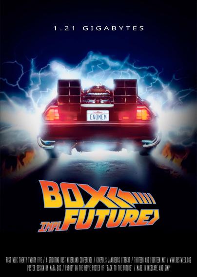 The "Back to the Future" movie poster, but with the title replaced by "Box<impl Future>". On top it says "1.21 gigabytes". The license plate of the DeLorean reads "enomem".