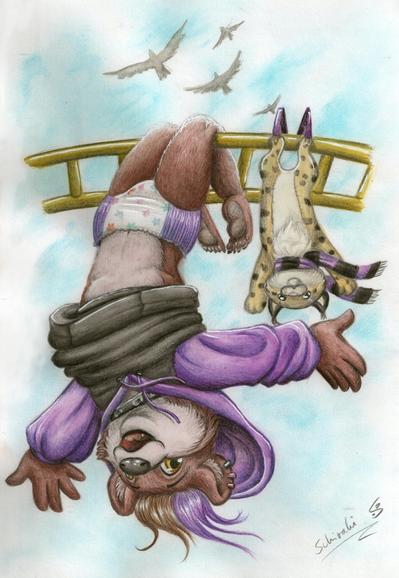 Sascha the bearkitty, a young anthro bear-lynx hybrid, is hanging upside down from some monkey bars, his arms stretched wide. His purple and black hoodie has slipped toward his shoulders, revealing a colorful pull-up with star patterns. A playful nylon collar sits around his neck. Beside him, his plush lynx friend Sammy is also dangling upside down, held in place with a few clothespins. Sammy looks cheerful and happy as well.