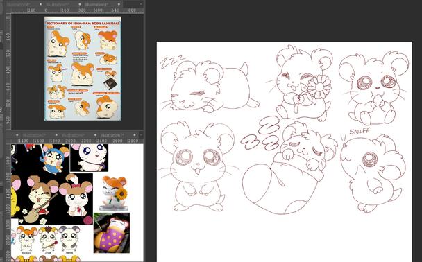 6 sketches of hamtaro hamsters in various poses, sleeping holding a flower eating and sniffing