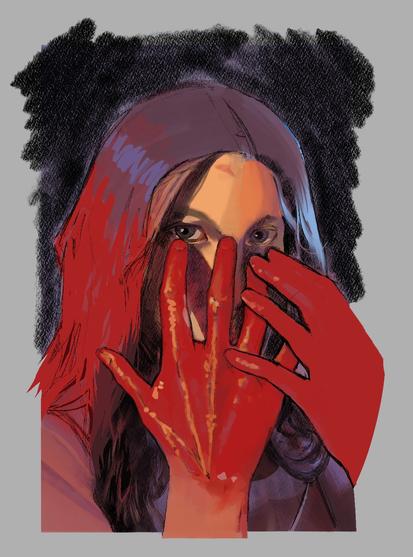 [Gal] Un retrato de Carrie tapando a cara coas mans cheas de sangue e mirando ao espectador.
[En] A portrait of Carrie covering her face with bloodied hands and looking at the viewer.