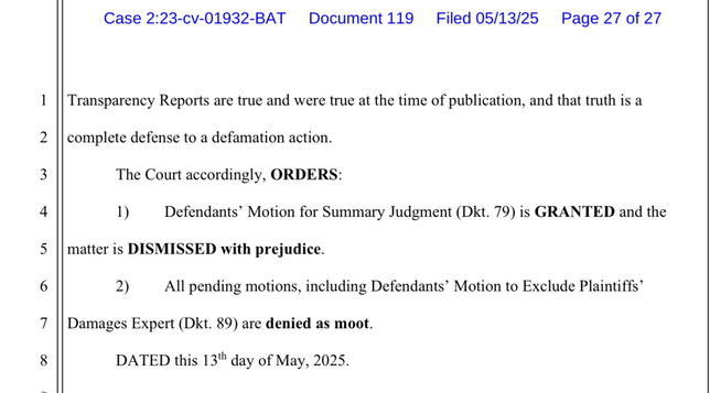 Screen cap from the final page of the summary judgement document