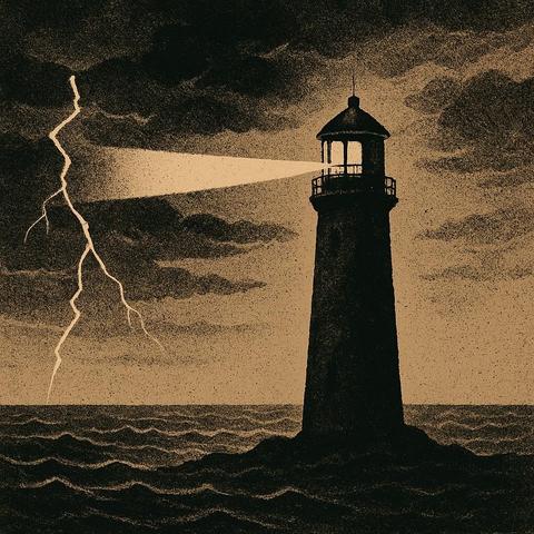 Alt text:
A vintage-style digital illustration of a lone lighthouse standing amidst a stormy sea. Dark, brooding clouds fill the sky as a bolt of lightning strikes nearby. The lighthouse emits a strong beam of light cutting through the storm. The entire scene is rendered in warm, grainy sepia tones, giving it an aged, weathered feel.