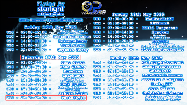 Image of tons of white text with blue outlines over a white solar flare. The text lists a long schedule of times and streamer names, with the info for Photostyle outlined in red. 17 May, UTC 23:00 Photostyle