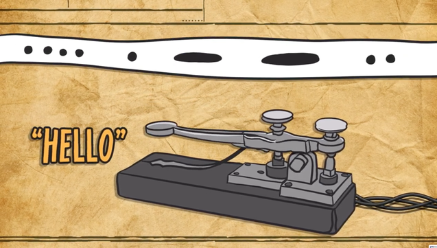 An illustration of a telegraph key on a yellowed, aged paper background. The mechanical telegraph key shows a metal lever mechanism with a message "HELLO" appearing next to it in yellow text. Above the key is a white strip with Morse code dots and dashes. This image represents the communication technology used during the American Civil War.