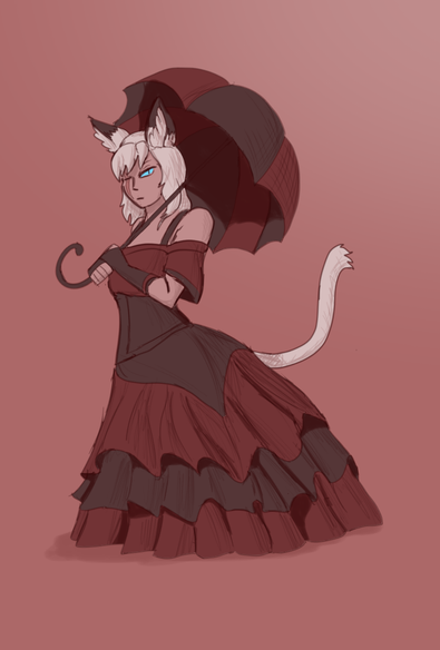 rue the cat girl in a black and red gothic lolita outfit, holding a parasol