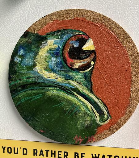 Giant hand painted cork magnet. It depicts a beautifully painted scowling frog. It’s only showing half the frog’s face, centered mostly on one giant gleaming eye and a heavy frown. I ran into an art friend at a show and she dragged me to the booth this was at and told me this was made for me and she was 100% correct