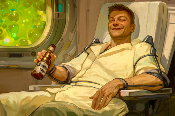 Image by Mariam Kalandarishvili.

Carter Vincent relaxes after finding some things have not changed in the intervening two thousand years.

Carter is drinking from a bottle labelled 'Liberation Lager' with a bemused smirk on his face. He is wearing night clothing and an exoskeleton which helps support him when moving around, something he has needed since being released from stasis.

Behind him is a green panel that he has fished the bottle out of. It is a modern form of refrigeration that Carter refers to as a 'goo fridge' due to the gelatinous sludge that holds and preserves the product.