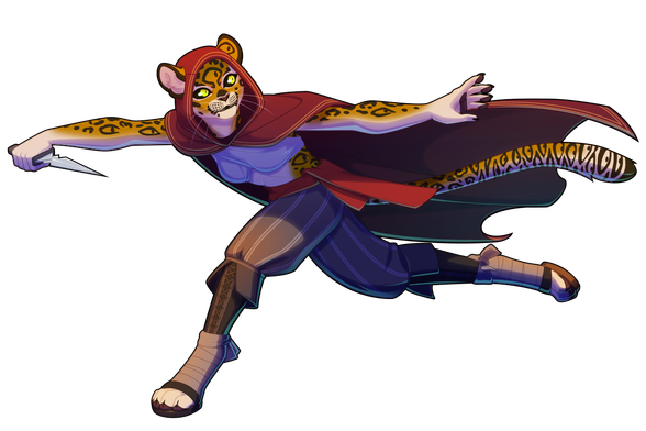 A vector illustration of an anthro jaguar-like character. She's running, somewhat ducked down, holding a knife and wearing a hooded cloak. She looks behind her, but appears confident. Her fur is covered in rosette markings, many of which resemble staring eyes.