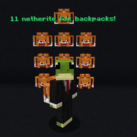 A Minecraft character of a frog in a suit wearing a backpack called "Mr. Pack" stands in front of a wall made of Netherite Tier Foxy Backpacks from the mod Travelers Backpacks with the caption "11 netherite fox backpacks!" floating above.