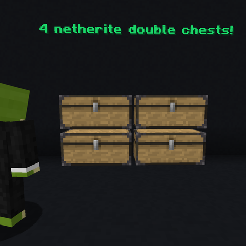 A Minecraft character of a frog in a suit called "Mr. Pack" on the left looks at four netherite double chests from the Sophisticated Storage mod stacked two by two with the caption "4 netherite double chests!" floating above.