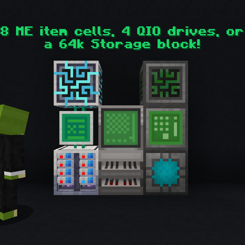 A Minecraft character of a frog in a suit called "Mr. Pack" on the left looks at a setup containing various controllers, terminals, and storage drives from the mods Applied Energestics 2, Mekanism, and Refined Storage with the caption "8 ME item cells, 4 QIO drives, or a 64k Storage Block!" floating above.