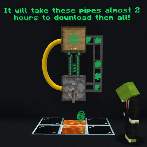 A Minecraft scene depicting pipes from the mods Curvy Pipes, Mekanism, and Pretty Pipes pulling items representing the Modrinth logo out of an oak drawer from the Functional Storage mod with a netherite upgrade and into an activated dispenser which drops the items into a block of lava below as a Minecraft character of a frog in a suit called "Mr. Pack" on the left watches with the caption "It will take these pipes almost 2 hours to download them all!" floating above.
