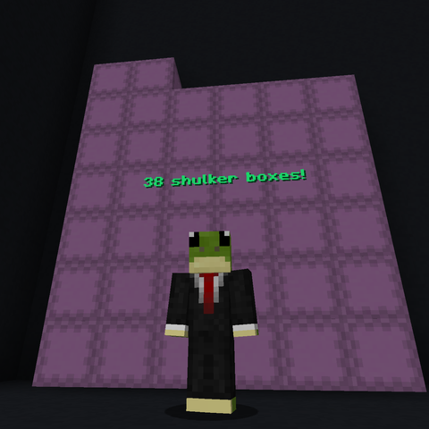 A Minecraft character of a frog in a suit called "Mr. Pack" stands in front of a wall made of purple shulker boxes with the caption "38 shulker boxes!" floating above.