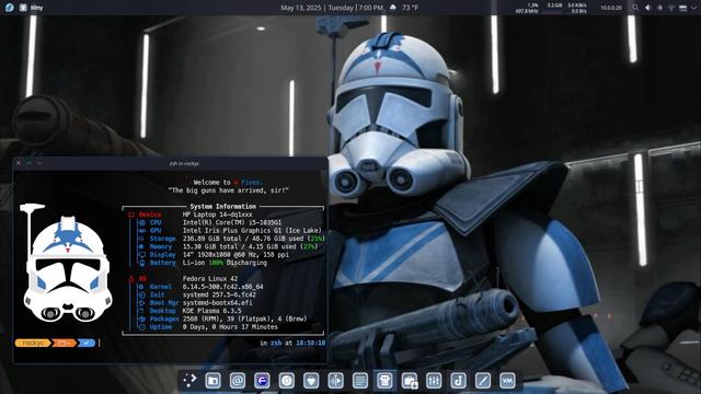 Screenshot of my Plasma 6 desktop featuring the character “Fives” from Clone Wars