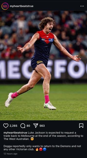 An image of a social media post titled "myheartbeatstrue" discussing some significant news - apparently Luke Jackson is looking to make a trade move back to Melbourne, specifically wanting to return to the Demons rather than any other Victorian club.