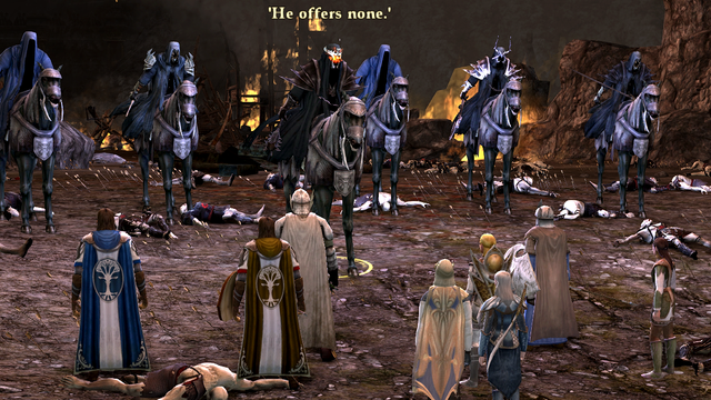 Conversation between the Nazgul and the Army of Elves and Men continued:

Nazgul: He offers none.