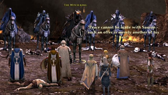 Conversation between the Nazgul and the Army of Elves and Men continued:

Men: "Peace cannot be made with Sauron - such an offer is merely another of his lies."