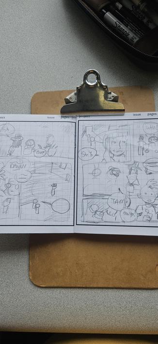 Small booklet with a small grid and two pages laid out. We follow 3 young women in an abandoned warehouse as they start a dangerous ritual