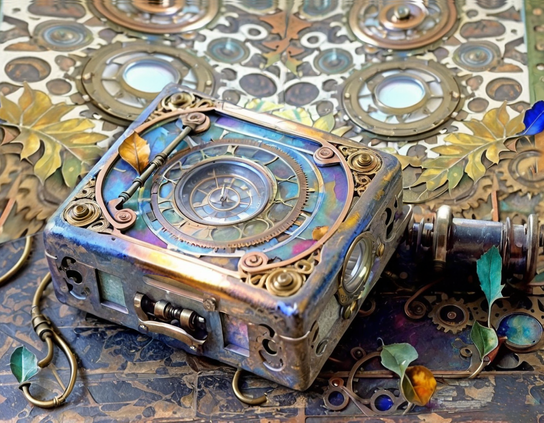 Elaborate  retro-futuristic steampunk lunchbox with iridescent clock dial and ornate brass gears, set on a richly patterned mechanical surface with scattered leaves and metal flourishes.