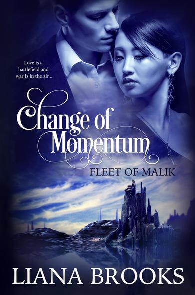The cover of Change Of Momentum. Predominantly blue the background shows an alien planet with spiky mountains. Above that is a couple, a man with European features and a woman with monolid eyes and dark hair that suggests Asian ancestry. She’s leaning against him while he looks down at her.