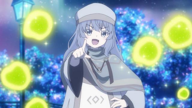 Chloe with an open mouth smile with a visible fang pointing with visible bars of light floating